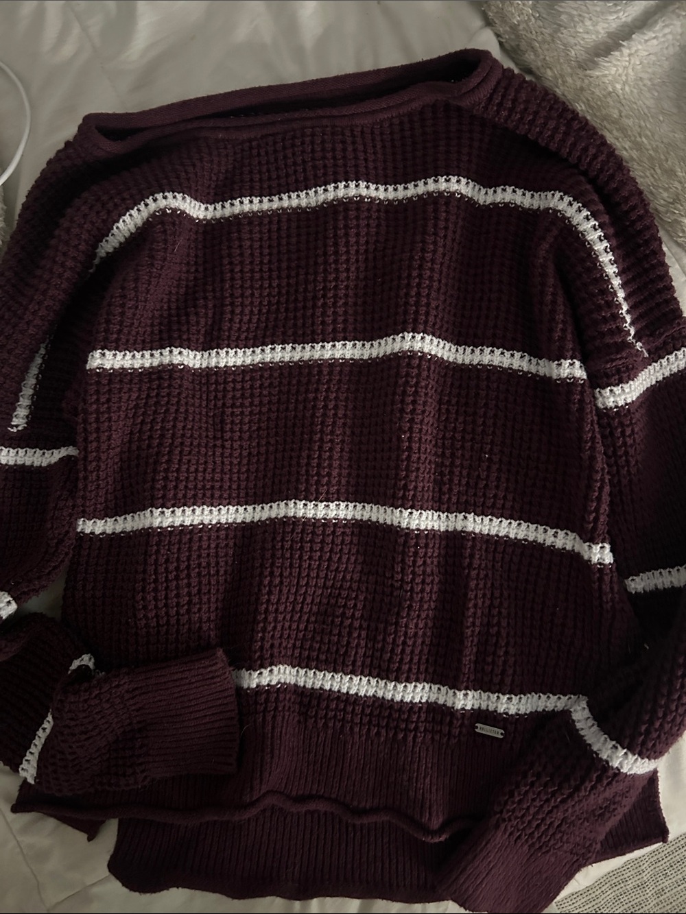 Hollister Burgundy and White Striped Waffle Knit Pullover